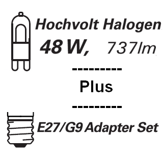 Leuchtmittel f�r ALIEN_M EASY Indoor: E27/G9 Adapter Set + G9 Hochvolt Halogenlampe klar, dimmbar, 48W