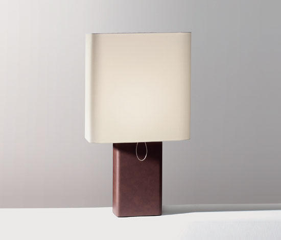 FUTURA 78 Tischleuchte Fuß Nappaleder braun, Schirm warmweiß von AKARI-Design FUTURA 78 Tischleuchte Fuß Nappaleder braun, Schirm warmweiß