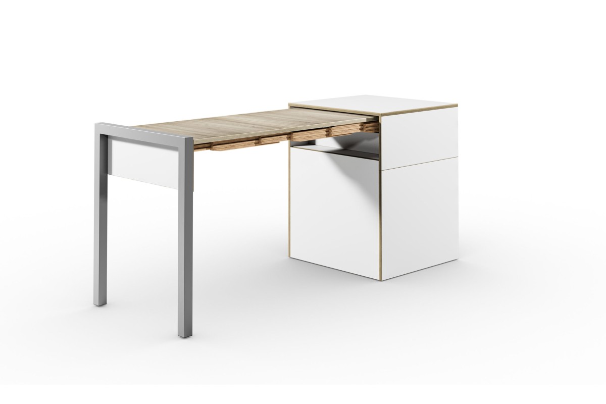 ALWIN Space Box ausziehbarer Tisch, Korpus weiß, Tischplatte Eiche, C