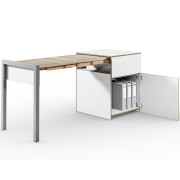 ALWIN Space Box ausziehbarer Tisch, mit Tür, weiß, Platte Eiche vintage, nach links