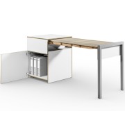 ALWIN Space Box ausziehbarer Tisch, mit Tür, weiß, Platte Eiche vintage, nach rechts