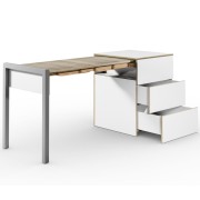 ALWIN Space Box ausziehbarer Tisch, mit Schubladen, weiß, Platte Eiche vintage, nach links