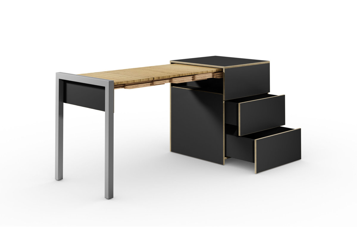 ALWIN ausziehbarer Tisch schwarz matt mit Schubladen, Tisch nach links