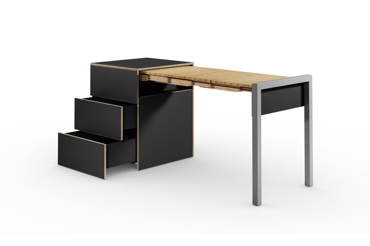 ALWIN ausziehbarer Tisch schwarz matt mit Schubladen, Tisch nach rechts