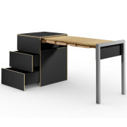 ALWIN ausziehbarer Schreibtisch schwarz matt mit Schubladen, Auszug rechts