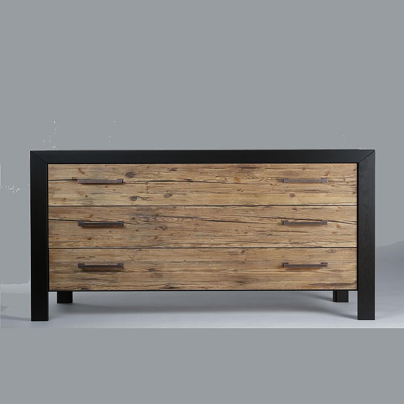 Kommode marian 090 mit 3 Schubläden, Fichte Altholz grau gewurmt, Rahmen Eiche schwarz, F