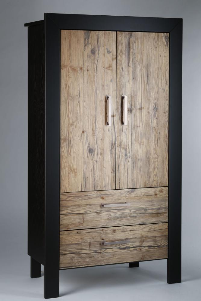 marian Schrank 2-türig, 125 cm, Fichte Altholz antik gehackt, Rahmen Eiche wenge, F
