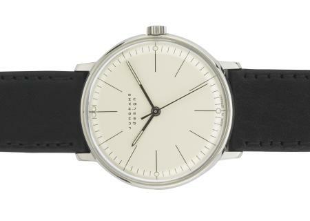 Max Bill Armbanduhr 1962 mechanisch Strichblatt weiß / Leder schwarz von Junghans Max Bill Armbanduhr 1962 mechanisch Strichblatt weiß / Leder schwarz