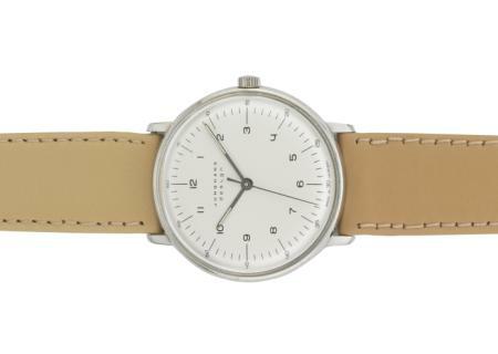 Max Bill Armbanduhr 1962 mechanisch Zahlenblatt weiß / Leder beige von Junghans Max Bill Armbanduhr 1962 mechanisch Zahlenblatt weiß / Leder beige