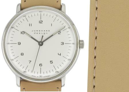 Max Bill Armbanduhr 1962 mechanisch Zahlenblatt weiß / Leder beige von Junghans Max Bill Armbanduhr 1962 mechanisch Zahlenblatt weiß / Leder beige