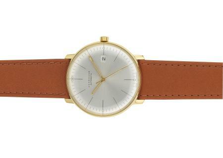 Max Bill Armbanduhr 1962 mechanisch Strichblatt perlmutt / Schließe vergoldet / Leder braun von Junghans Max Bill Armbanduhr 1962 mechanisch Strichblatt perlmutt / Schließe vergoldet / Leder braun