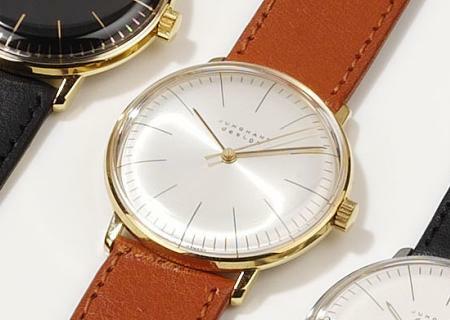 Max Bill Armbanduhr 1962 mechanisch Strichblatt perlmutt / Schließe vergoldet / Leder braun von Junghans Max Bill Armbanduhr 1962 mechanisch Strichblatt perlmutt / Schließe vergoldet / Leder braun