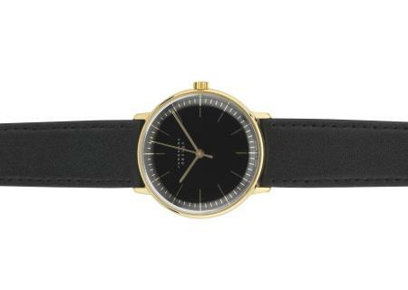 Max Bill Armbanduhr 1962 mechanisch Strichblatt schwarz / Schließe vergoldet / Leder schwarz von Junghans Max Bill Armbanduhr 1962 mechanisch Strichblatt schwarz / Schließe vergoldet / Leder schwarz