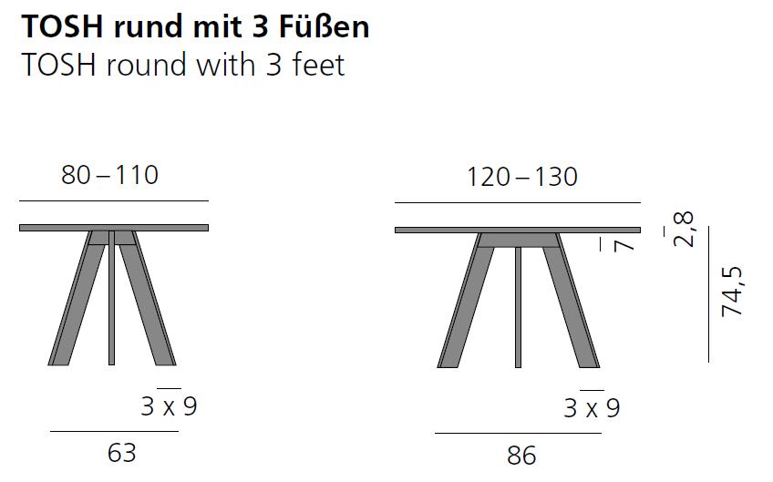 TOSH Tisch rund, Vermassung bis 130 cm