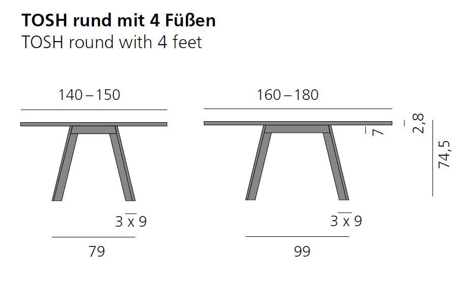 TOSH Tisch rund, Vermassung bis 180 cm