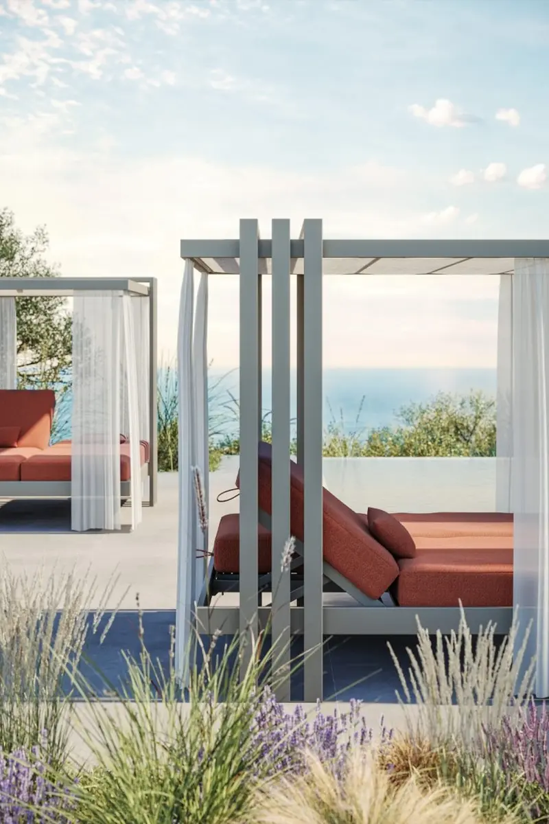 SOLETTO Gartenbett seitlich mit Terrakotta Textil