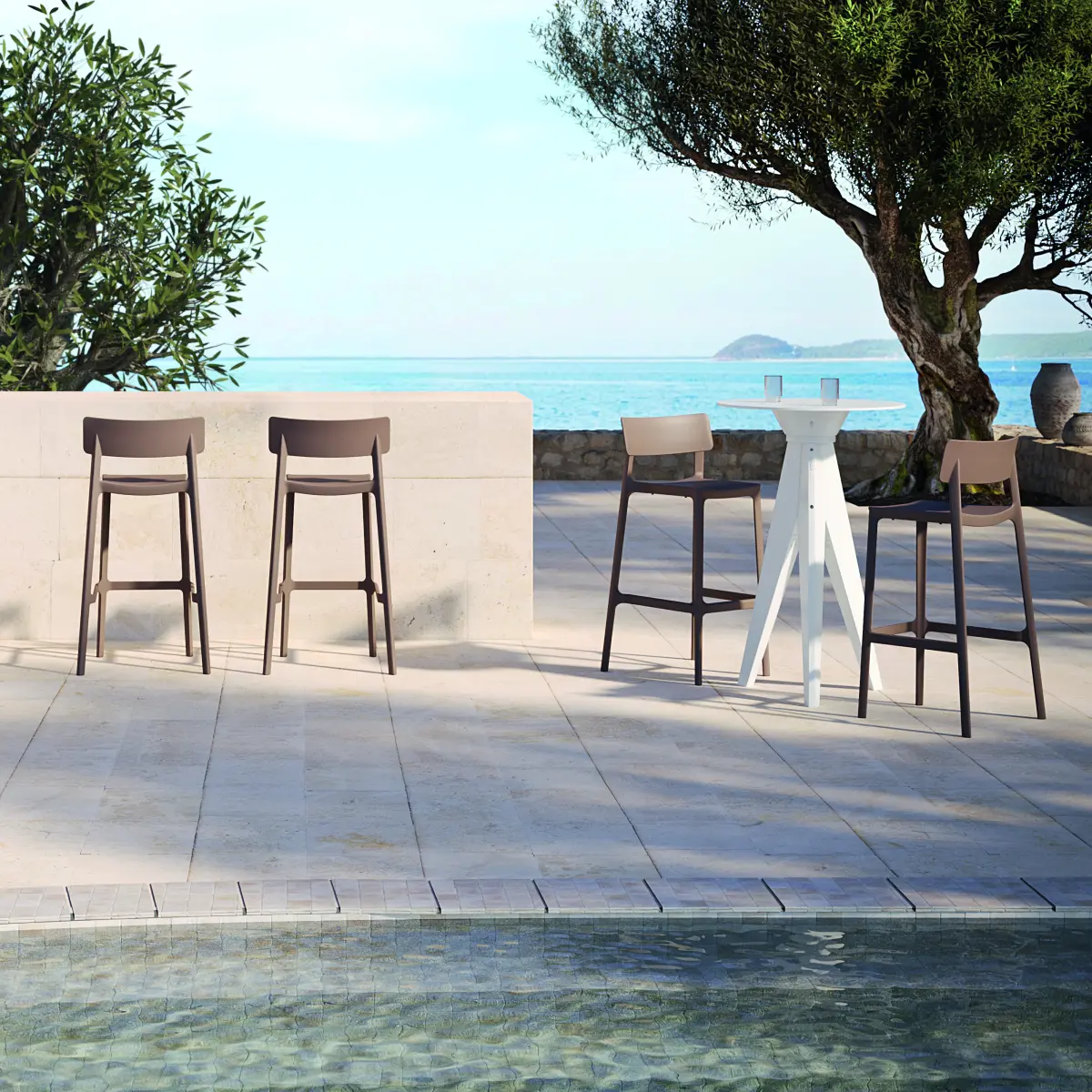 OXFORD Stuhl Beige 4 mal an einem Tisch und an einer Bar Ambientebild