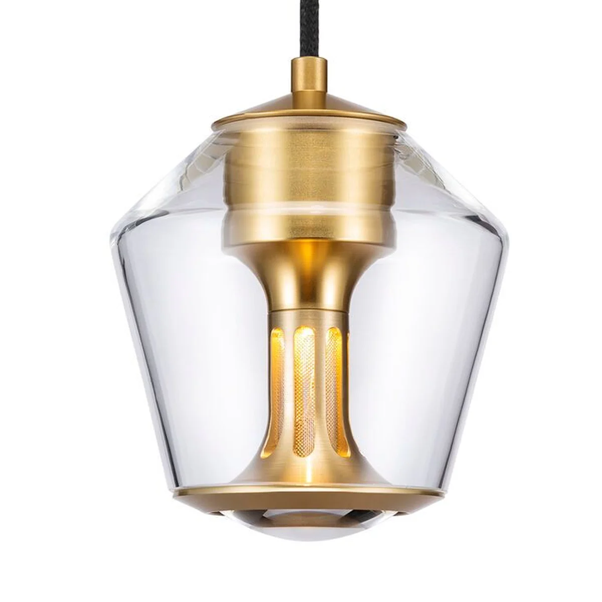 ETHICS Single Pendelleuchte Nahaufnahme vom Glasschirm Kristall Gold