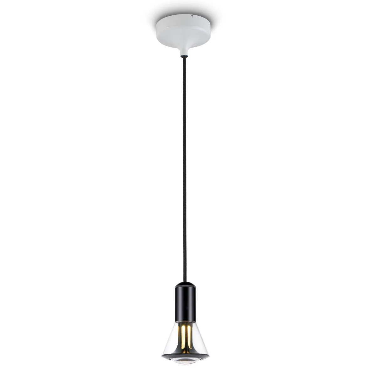 ETHICS Single Cone Pendelleuchte 11 cm Kristall Schwarz und Baldachin Weiss Frontansicht