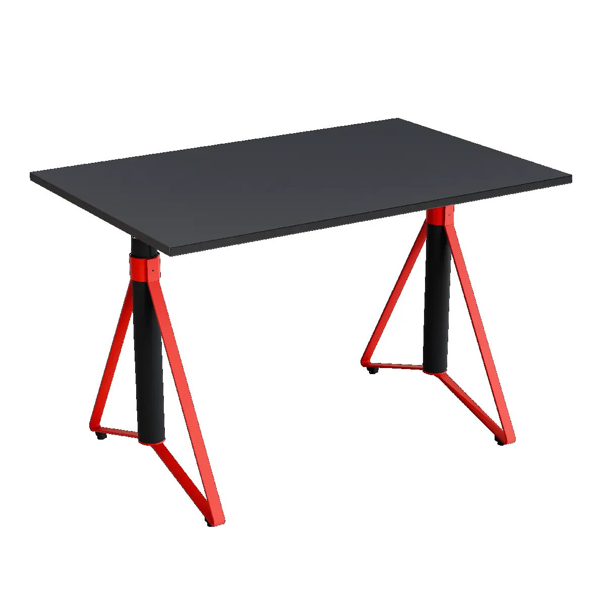 Elektrisch h�henverstellbarer HEB Tisch mit ASH furnierter Tischplatte in der Farbvariante Scarlet.