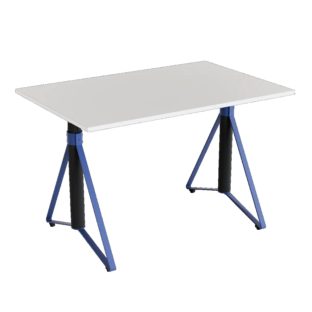 Elektrisch h�henverstellbarer HEB Tisch mit PALE furnierter Tischplatte in der Farbvariante Navy.