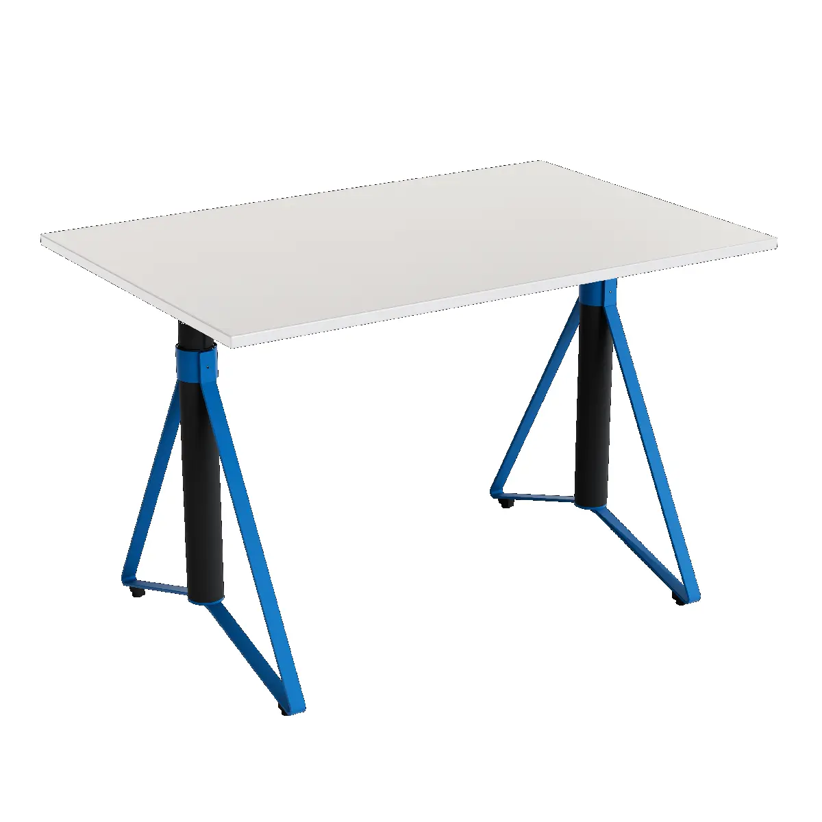 Elektrisch h�henverstellbarer HEB Tisch mit PALE furnierter Tischplatte in der Farbvariante Ocean.