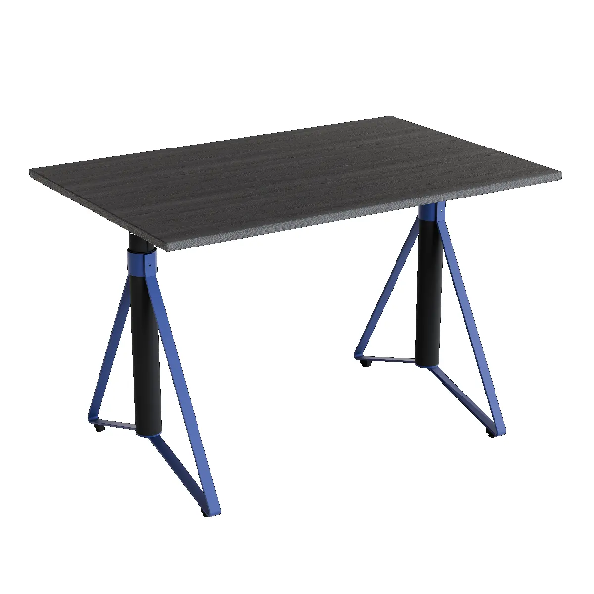 Elektrisch h�henverstellbarer HEB Tisch mit PINE furnierter Tischplatte in der Farbvariante Navy.