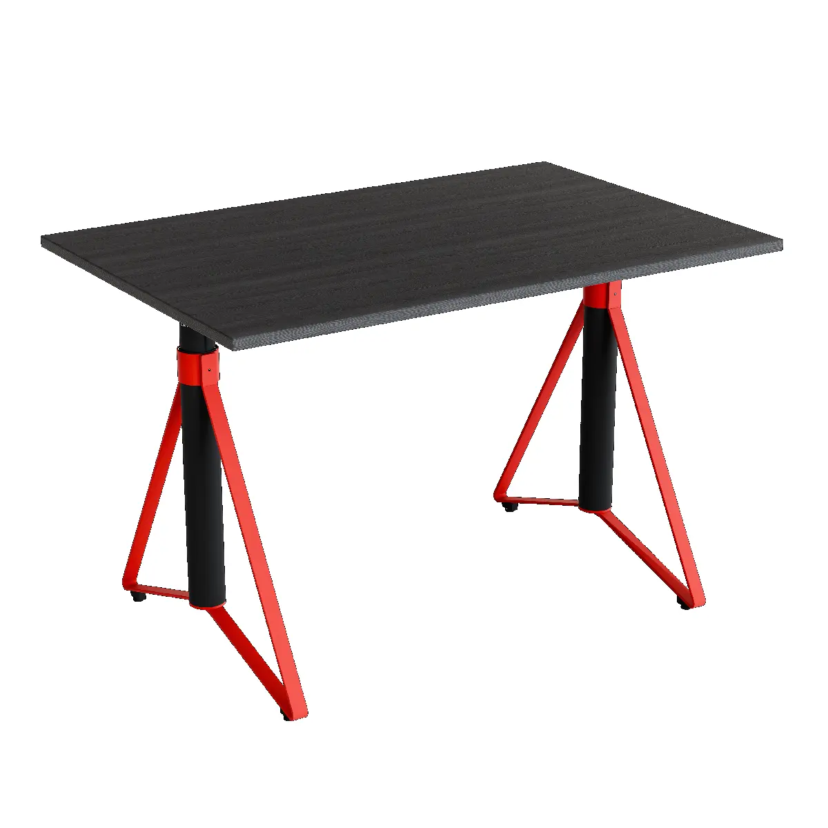 Elektrisch h�henverstellbarer HEB Tisch mit PINE furnierter Tischplatte in der Farbvariante Scarlet.