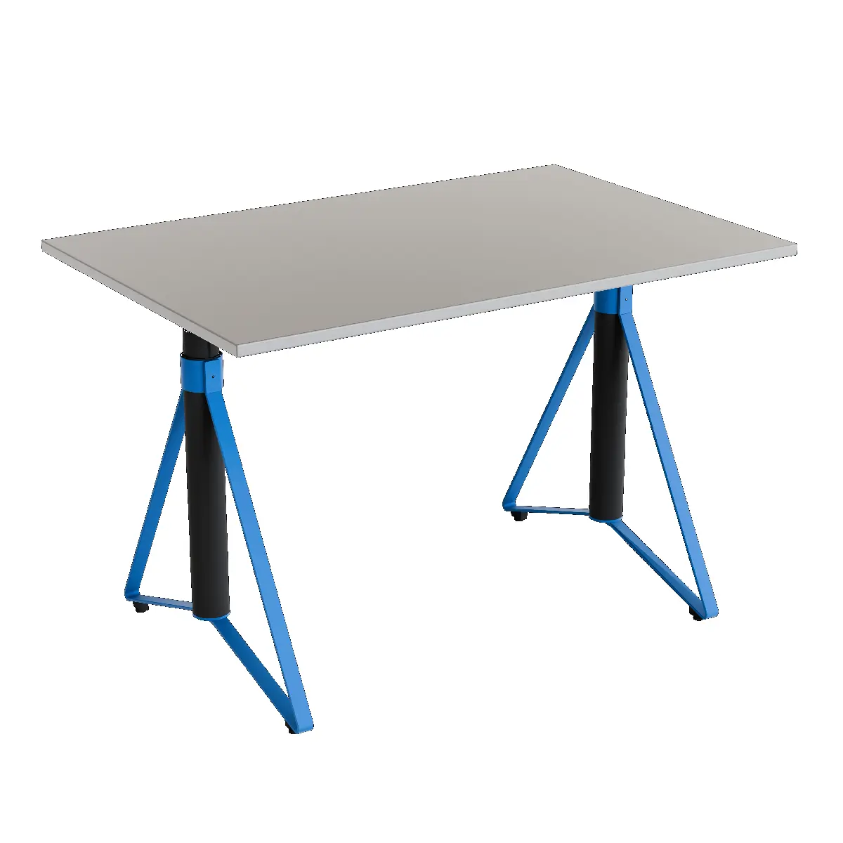 Elektrisch h�henverstellbarer HEB Tisch mit SMOKE furnierter Tischplatte in der Farbvariante Ocean.