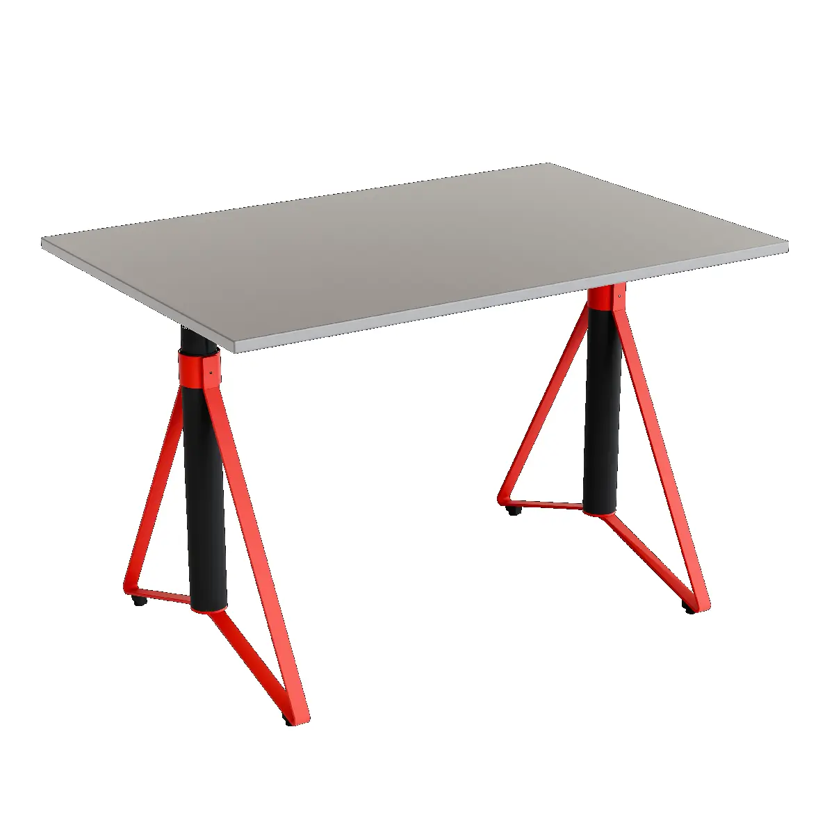 Elektrisch h�henverstellbarer HEB Tisch mit SMOKE furnierter Tischplatte in der Farbvariante Scarlet.