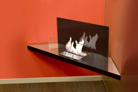 Corner Flame Eckkamin 548B Edelstahl hochglanzpoliert / Glas schwarz