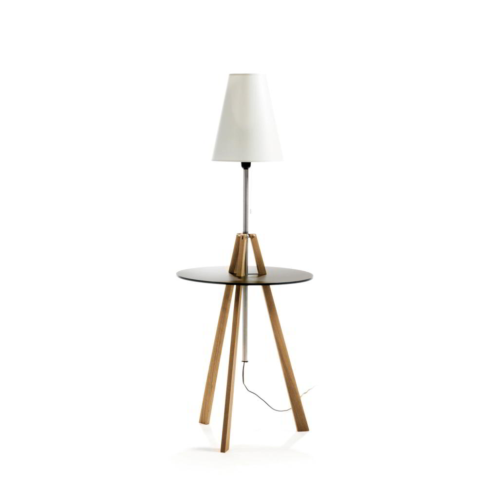 ST-Triss Beistelltisch mit Lampe, Gestell Buche massiv, Platte braun, Schirm creme