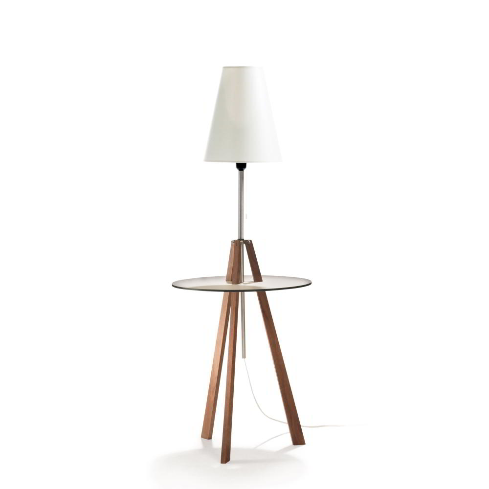 ST-Triss Beistelltisch mit Lampe, Gestell Nubaum massiv, Platte creme, Schirm creme