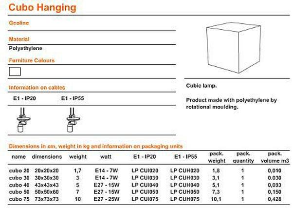 CUBO HANGING Pendelleuchte technische Daten