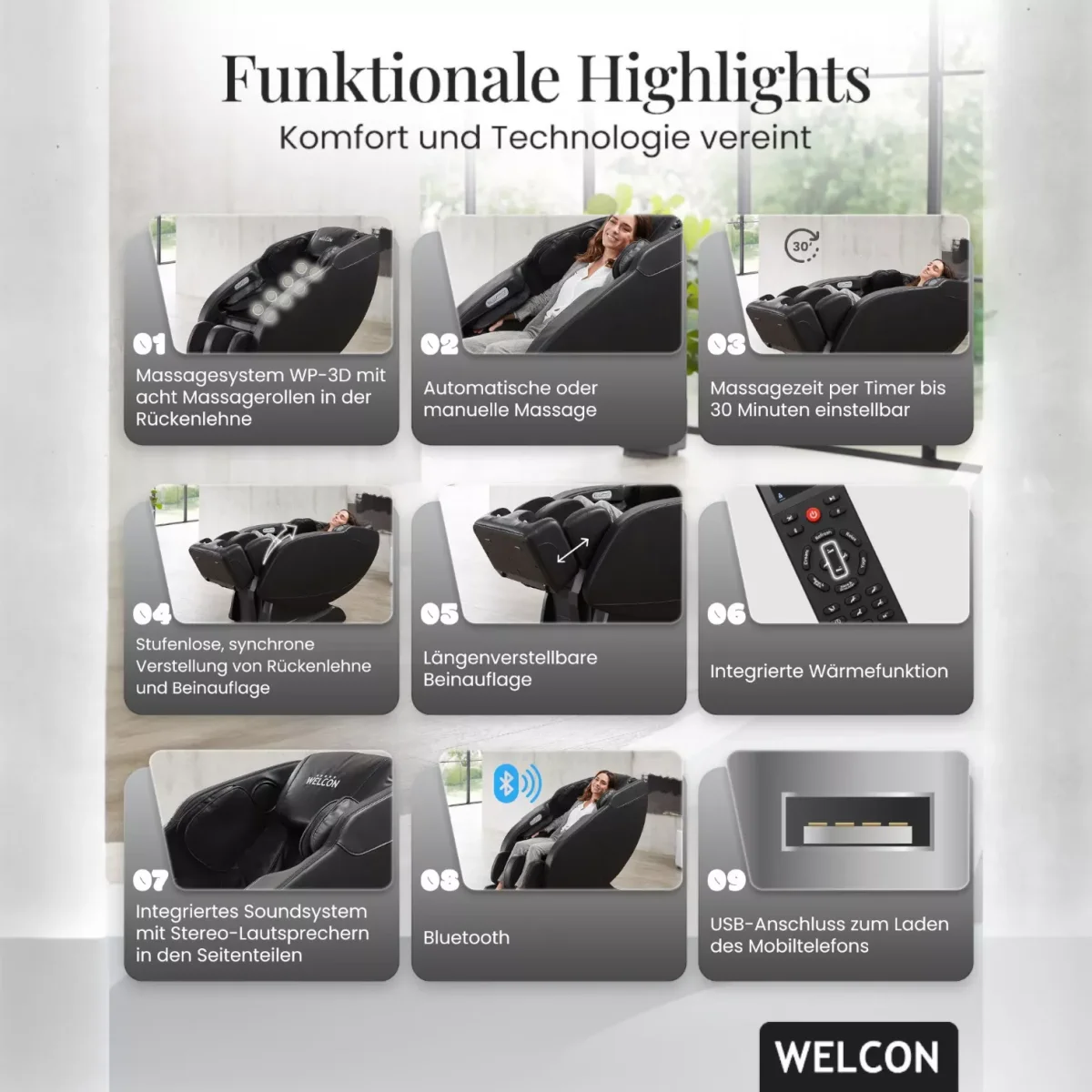 Massagesessel PRESTIGE II Funktionale Highlights von Welcon Massagesessel PRESTIGE II Funktionale Highlights