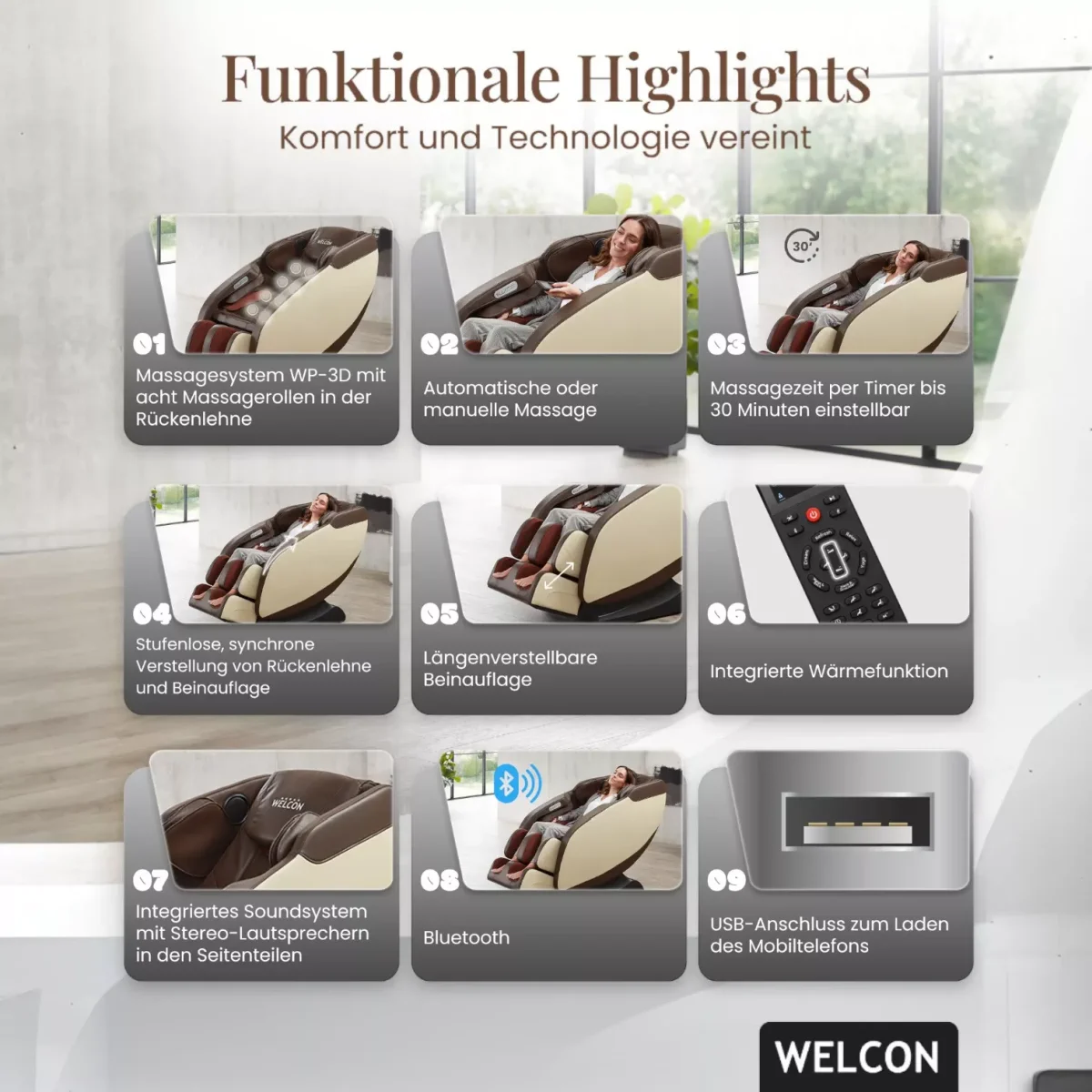 Massagesessel PRESTIGE II Funktionale Highlights von Welcon Massagesessel PRESTIGE II Funktionale Highlights