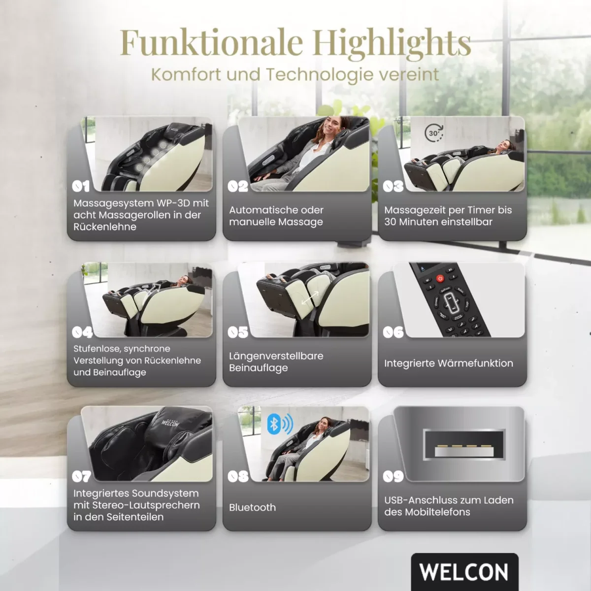 Massagesessel PRESTIGE II Funktionale Highlights von Welcon Massagesessel PRESTIGE II Funktionale Highlights