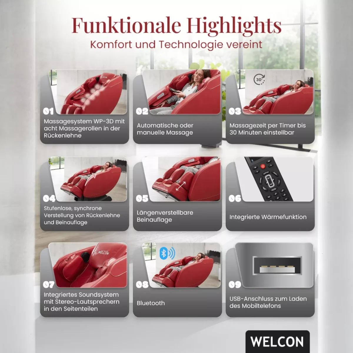 Massagesessel PRESTIGE II Funktionale Highlights von Welcon Massagesessel PRESTIGE II Funktionale Highlights