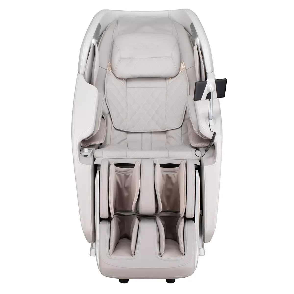 Royalrelaxx Massagesessel Hellbeige/Hellgrau – Frontansicht des Sessels, modernes Design und ergonomische Form von Welcon Royalrelaxx Massagesessel Hellbeige/Hellgrau – Frontansicht des Sessels, modernes Design und ergonomische Form