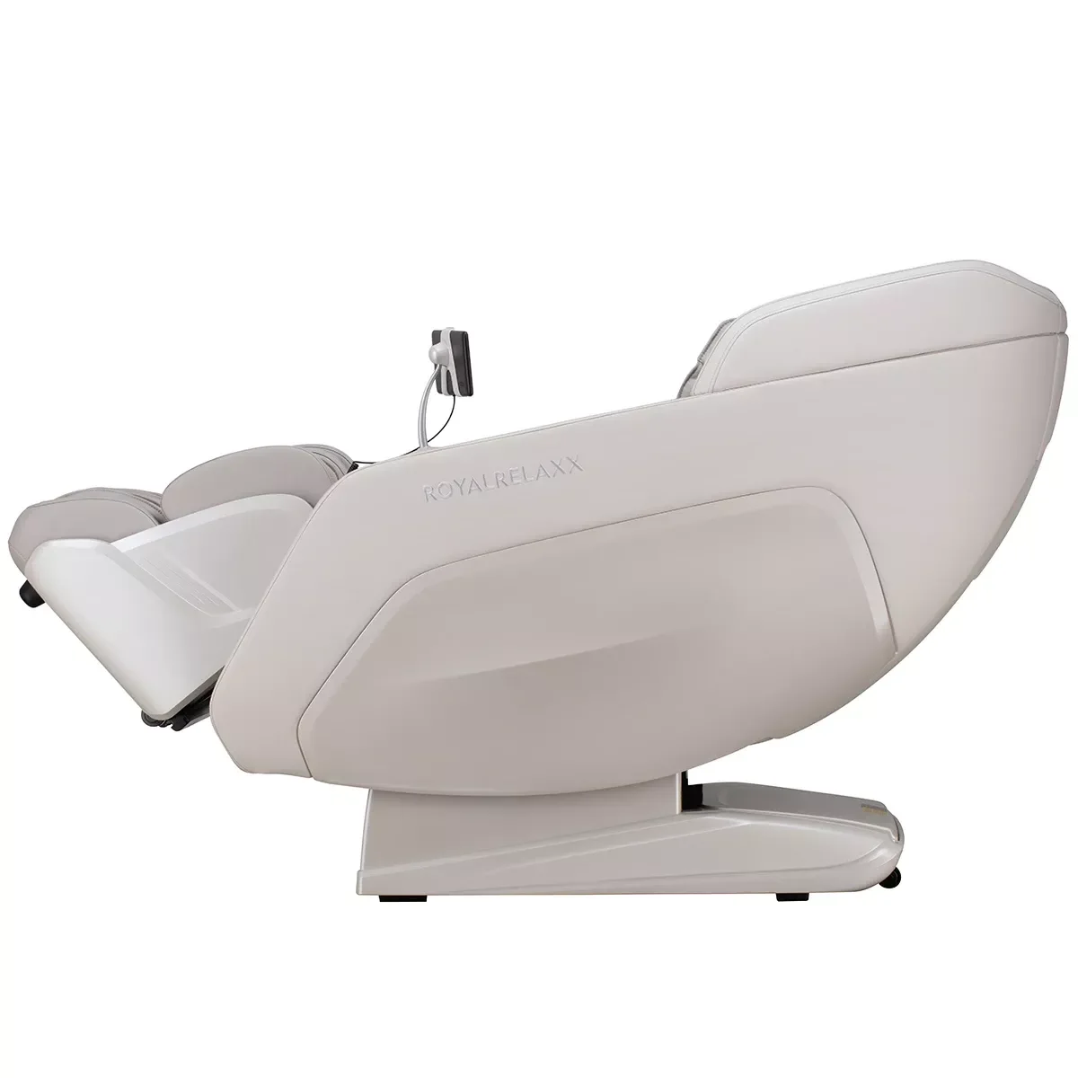 Royalrelaxx Massagesessel Hellbeige/Hellgrau – Seitenansicht des Sessels mit ergonomischer Rücken- und Beinauflage von Welcon Royalrelaxx Massagesessel Hellbeige/Hellgrau – Seitenansicht des Sessels mit ergonomischer Rücken- und Beinauflage