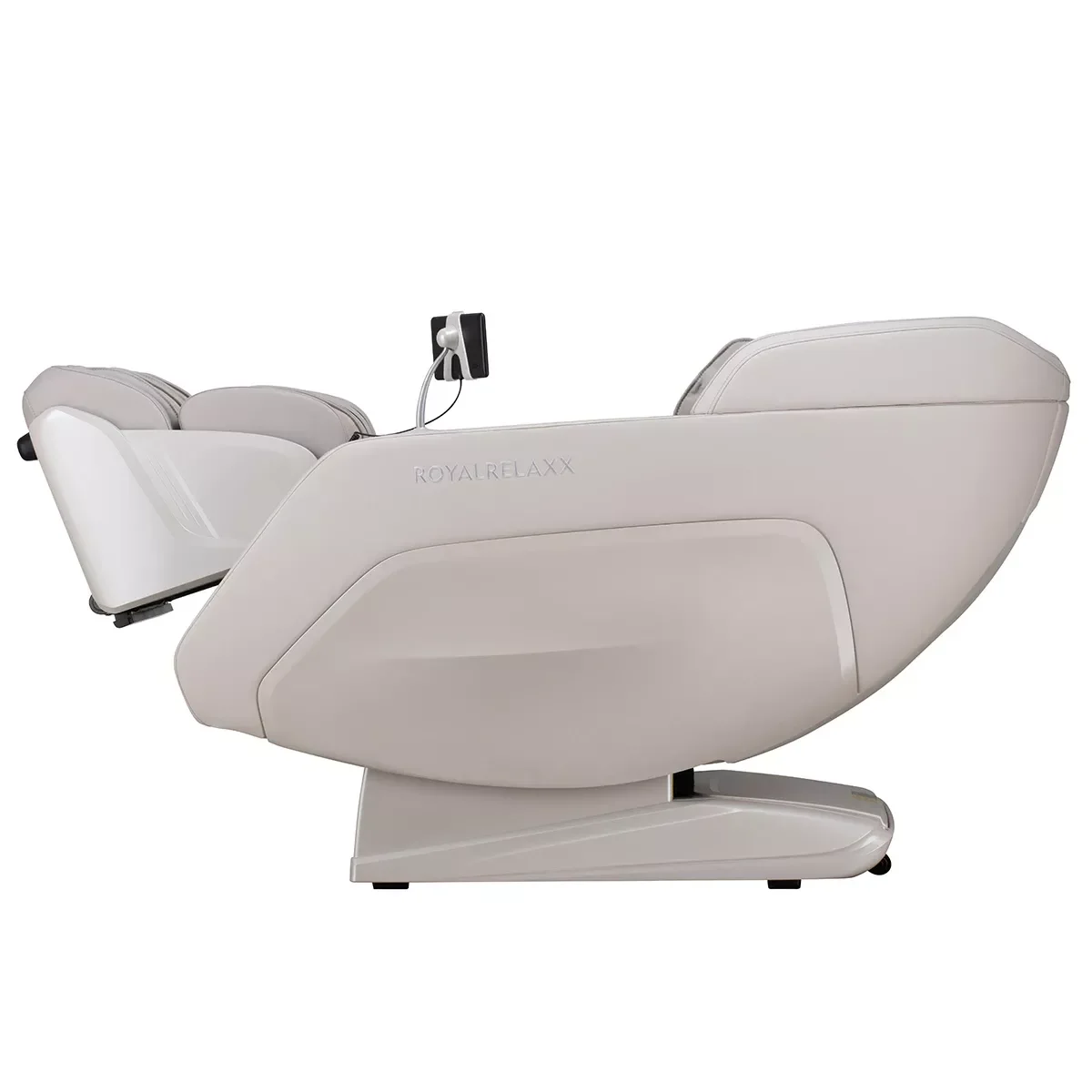 Royalrelaxx Massagesessel Hellbeige/Hellgrau – Seitenansicht des Sessels mit ergonomischer Rücken- und Beinauflage von Welcon Royalrelaxx Massagesessel Hellbeige/Hellgrau – Seitenansicht des Sessels mit ergonomischer Rücken- und Beinauflage