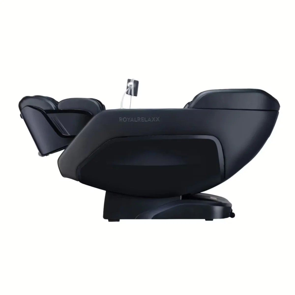 Royalrelaxx Massagesessel Schwarz – Seitenansicht des Sessels mit ergonomischer Rücken- und Beinauflage von Welcon Royalrelaxx Massagesessel Schwarz – Seitenansicht des Sessels mit ergonomischer Rücken- und Beinauflage