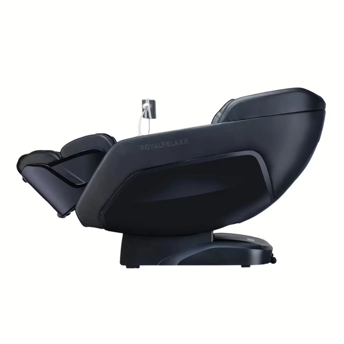 Royalrelaxx Massagesessel Schwarz – Seitenansicht des Sessels mit ergonomischer Rücken- und Beinauflage von Welcon Royalrelaxx Massagesessel Schwarz – Seitenansicht des Sessels mit ergonomischer Rücken- und Beinauflage
