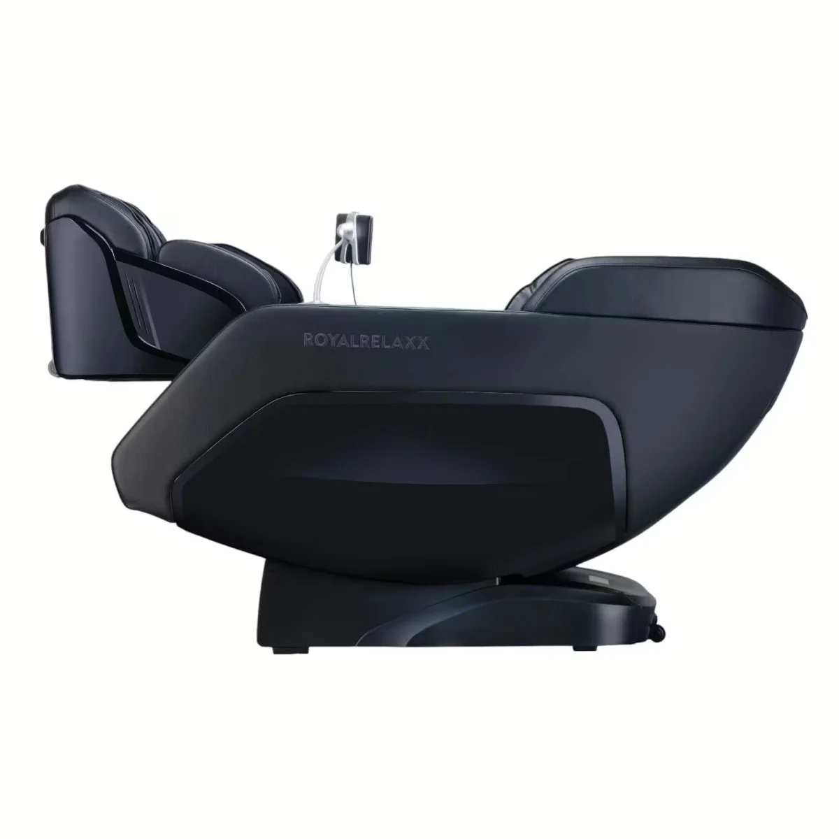 Royalrelaxx Massagesessel Schwarz – Seitenansicht des Sessels mit ergonomischer Rücken- und Beinauflage von Welcon Royalrelaxx Massagesessel Schwarz – Seitenansicht des Sessels mit ergonomischer Rücken- und Beinauflage